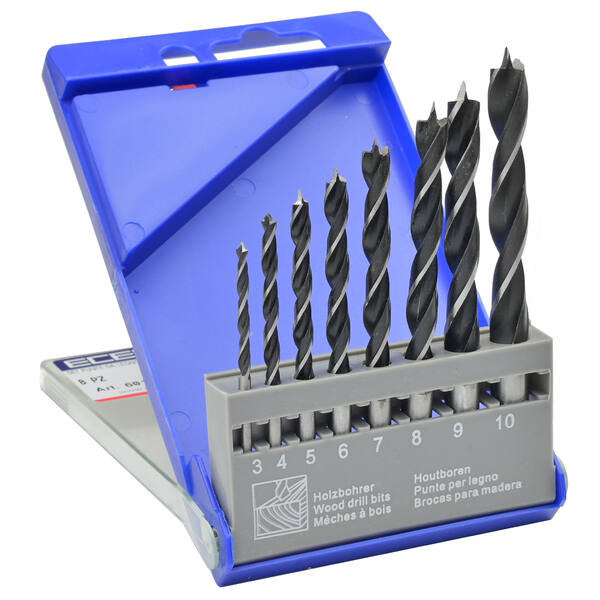 Estuche plást. 8 brocas madera 3 puntas 3-10mm